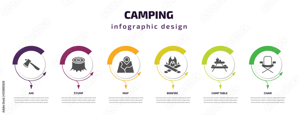 camping infographic element with filled icons and 6 step or option. camping icons such as axe, stump, map, bonfire, camp table, chair vector. can be used for banner, info graph, web. camping infographic element with filled icons and 6 step or option. camping icons such as axe, stump, map, bonfire, camp table, chair vector. can be used for banner, info graph, web.