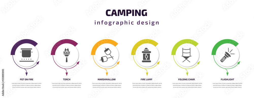 camping infographic element with filled icons and 6 step or option. camping icons such as pot on fire, torch, marshmallow, fire lamp, folding chair, flashlight vector. can be used for banner, info camping infographic element with filled icons and 6 step or option. camping icons such as pot on fire, torch, marshmallow, fire lamp, folding chair, flashlight vector. can be used for banner, info