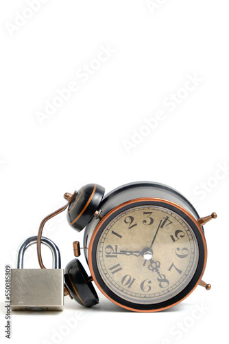 Alarm clock and lock white background.Concept of hope and value of time, time management, deadlines and urgency.