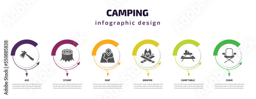 camping infographic element with filled icons and 6 step or option. camping icons such as axe, stump, map, bonfire, camp table, chair vector. can be used for banner, info graph, web.
