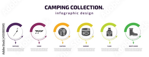 camping collection. infographic element with filled icons and 6 step or option. camping collection. icons such as matches, canoe, canteen, sardine, flask, boots shoes vector. can be used for banner,