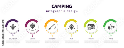 camping infographic element with filled icons and 6 step or option. camping icons such as explorer hat, location, fishing rod, raft, caravan, trees vector. can be used for banner, info graph, web.