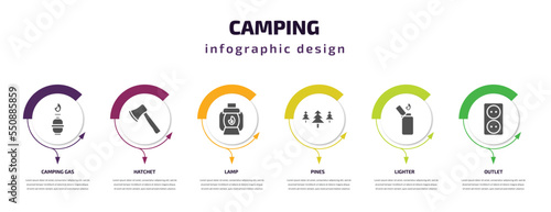 camping infographic element with filled icons and 6 step or option. camping icons such as camping gas, hatchet, lamp, pines, lighter, outlet vector. can be used for banner, info graph, web.