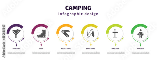 camping infographic element with filled icons and 6 step or option. camping icons such as slingshot, boot, pocket knife, swiss knife, direction, wingsuit vector. can be used for banner, info graph,