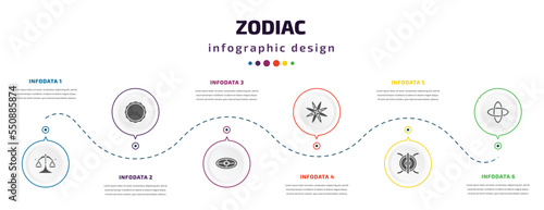zodiac infographic element with filled icons and 6 step or option. zodiac icons such as justice, aqua, ingenuity, abundance, perseverance, hypocrisy vector. can be used for banner, info graph, web.