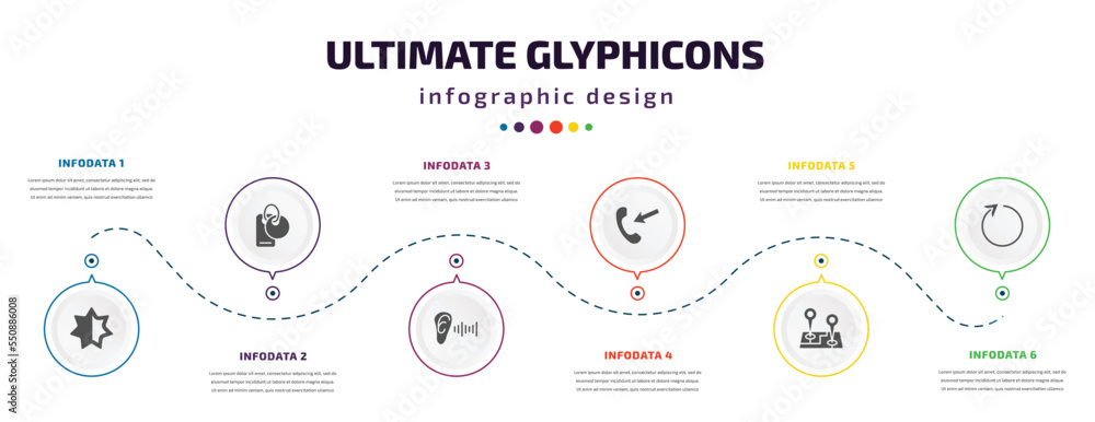 ultimate glyphicons infographic element with filled icons and 6 step or option. ultimate glyphicons icons such as empty star, clothes label, ear with sound bar, incoming calls, map locator, reload ultimate glyphicons infographic element with filled icons and 6 step or option. ultimate glyphicons icons such as empty star, clothes label, ear with sound bar, incoming calls, map locator, reload