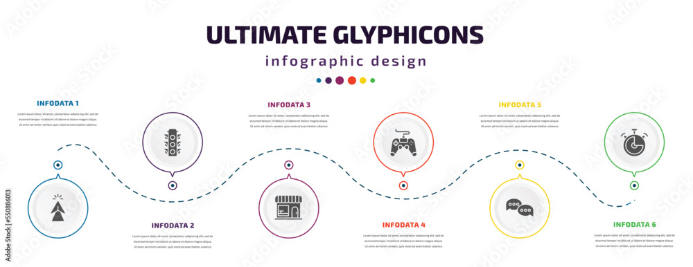 ultimate glyphicons infographic element with filled icons and 6 step or option. ultimate glyphicons icons such as mouse up arrow, big traffic light, groceries shop, game controller cross, message ultimate glyphicons infographic element with filled icons and 6 step or option. ultimate glyphicons icons such as mouse up arrow, big traffic light, groceries shop, game controller cross, message
