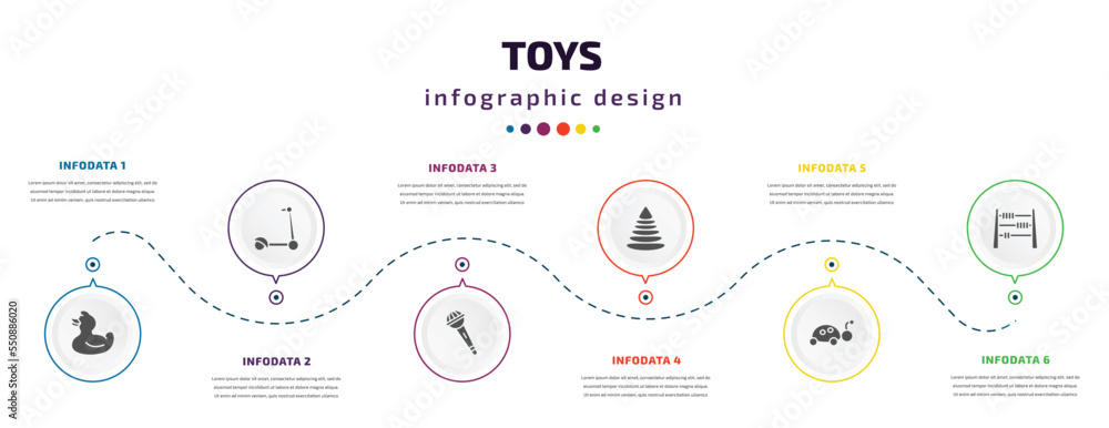 toys infographic element with filled icons and 6 step or option. toys icons such as duck toy, scooter toy, microphone toy, pyramid ladybug abacus vector. can be used for banner, info graph, web. toys infographic element with filled icons and 6 step or option. toys icons such as duck toy, scooter toy, microphone toy, pyramid ladybug abacus vector. can be used for banner, info graph, web.