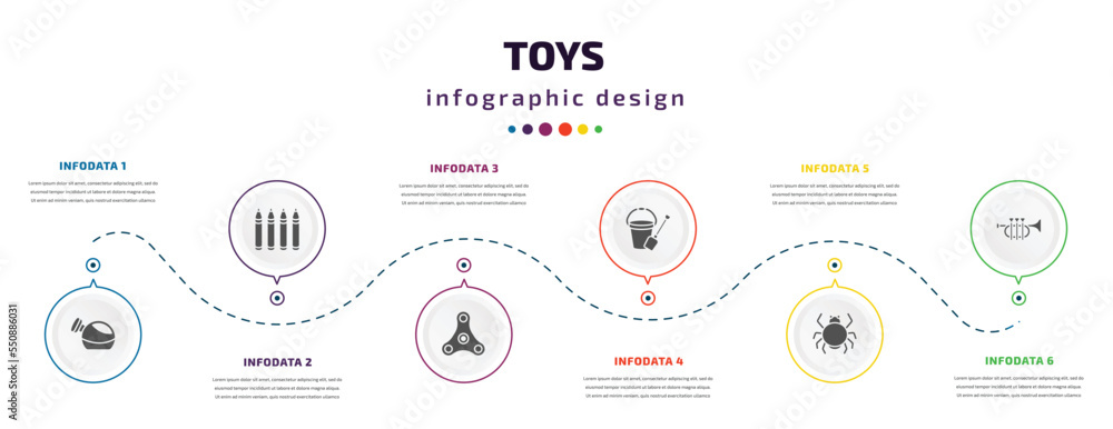 toys infographic element with filled icons and 6 step or option. toys icons such as watering can toy, crayons toy, spinner toy, sand bucket spider et vector. can be used for banner, info graph, web. toys infographic element with filled icons and 6 step or option. toys icons such as watering can toy, crayons toy, spinner toy, sand bucket spider et vector. can be used for banner, info graph, web.