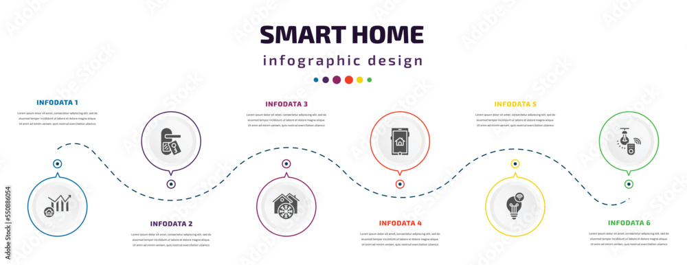 smart home infographic element with filled icons and 6 step or option. smart home icons such as chart, door key, freeze, dial, lightbulb, illumination vector. can be used for banner, info graph, smart home infographic element with filled icons and 6 step or option. smart home icons such as chart, door key, freeze, dial, lightbulb, illumination vector. can be used for banner, info graph,