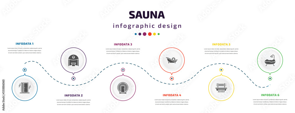 sauna infographic element with filled icons and 6 step or option. sauna icons such as irish steam bath, caldarium, hideaway, snow paradise, brine cabin, hamam vector. can be used for banner, info sauna infographic element with filled icons and 6 step or option. sauna icons such as irish steam bath, caldarium, hideaway, snow paradise, brine cabin, hamam vector. can be used for banner, info
