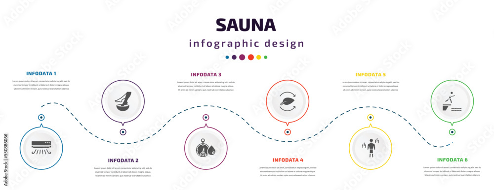sauna infographic element with filled icons and 6 step or option. sauna icons such as air cooling, foot bath, hygrometer, fresh air supply, vascular workout, adrenalin rush vector. can be used for sauna infographic element with filled icons and 6 step or option. sauna icons such as air cooling, foot bath, hygrometer, fresh air supply, vascular workout, adrenalin rush vector. can be used for