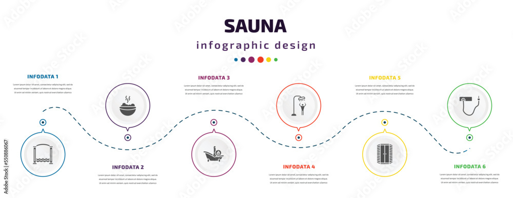 sauna infographic element with filled icons and 6 step or option. sauna icons such as roman bath, smoke sauna, warming-up time, dousing shower, infrared heat cabin, kneipp hose vector. can be used sauna infographic element with filled icons and 6 step or option. sauna icons such as roman bath, smoke sauna, warming-up time, dousing shower, infrared heat cabin, kneipp hose vector. can be used