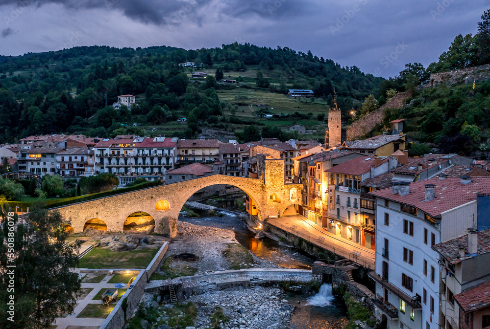 Amazing aerial view on Camprodon medieval town and the old bridge, Catalonia Spain
