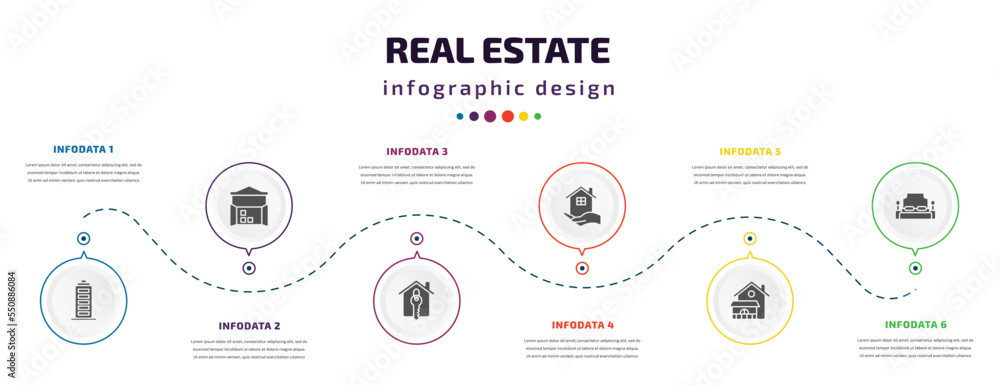 real estate infographic element with filled icons and 6 step or option. real estate icons such as facade, storehouse, house key, real estate, villa, bedroom vector. can be used for banner, info real estate infographic element with filled icons and 6 step or option. real estate icons such as facade, storehouse, house key, real estate, villa, bedroom vector. can be used for banner, info