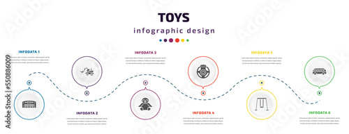 toys infographic element with filled icons and 6 step or option. toys icons such as piano toy, digger toy, penguin toy, steering wheel swing bus vector. can be used for banner, info graph, web.