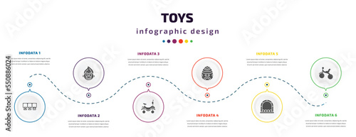 toys infographic element with filled icons and 6 step or option. toys icons such as shapes toy, troll toy, ride on toy, bouncy castle tricycle vector. can be used for banner, info graph, web.