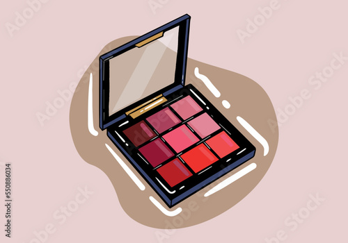Vector realistic palette of red colors eyeshadows with mirror isolated on background
