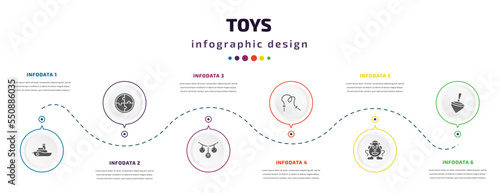 toys infographic element with filled icons and 6 step or option. toys icons such as boat toy, puzzle toy, pram toy, skipping rope mrs potato spinning vector. can be used for banner, info graph, web.