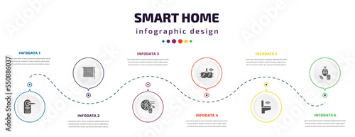 smart home infographic element with filled icons and 6 step or option. smart home icons such as locking, jalousie automation, fan, vr technology, smart toilet, lighting vector. can be used for