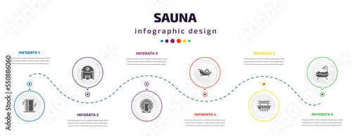sauna infographic element with filled icons and 6 step or option. sauna icons such as irish steam bath, caldarium, hideaway, snow paradise, brine cabin, hamam vector. can be used for banner, info