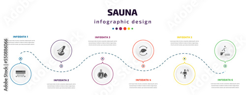 sauna infographic element with filled icons and 6 step or option. sauna icons such as air cooling, foot bath, hygrometer, fresh air supply, vascular workout, adrenalin rush vector. can be used for