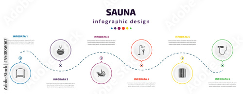 sauna infographic element with filled icons and 6 step or option. sauna icons such as roman bath, smoke sauna, warming-up time, dousing shower, infrared heat cabin, kneipp hose vector. can be used