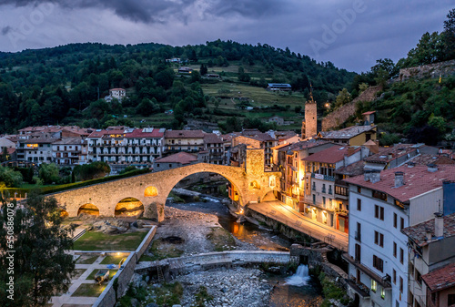 Amazing aerial view on Camprodon medieval town and the old bridge, Catalonia Spain photo