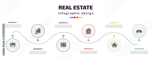 real estate infographic element with filled icons and 6 step or option. real estate icons such as juridical, agent, slides, tenant, shopping, houses vector. can be used for banner, info graph, web.