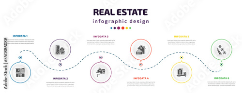 real estate infographic element with filled icons and 6 step or option. real estate icons such as modern house, property, paint roll, rent, moving truck, neighborhood vector. can be used for banner,