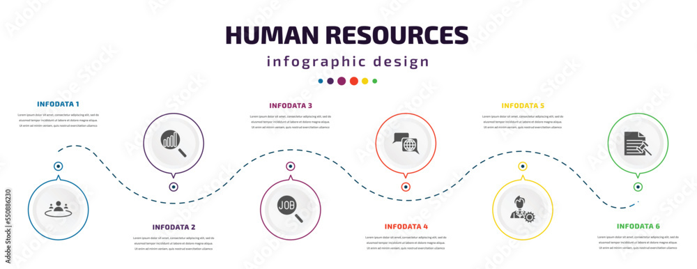 human resources infographic element with filled icons and 6 step or option. human resources icons such as human resources, analysis, job search, language, administrator, grievance vector. can be