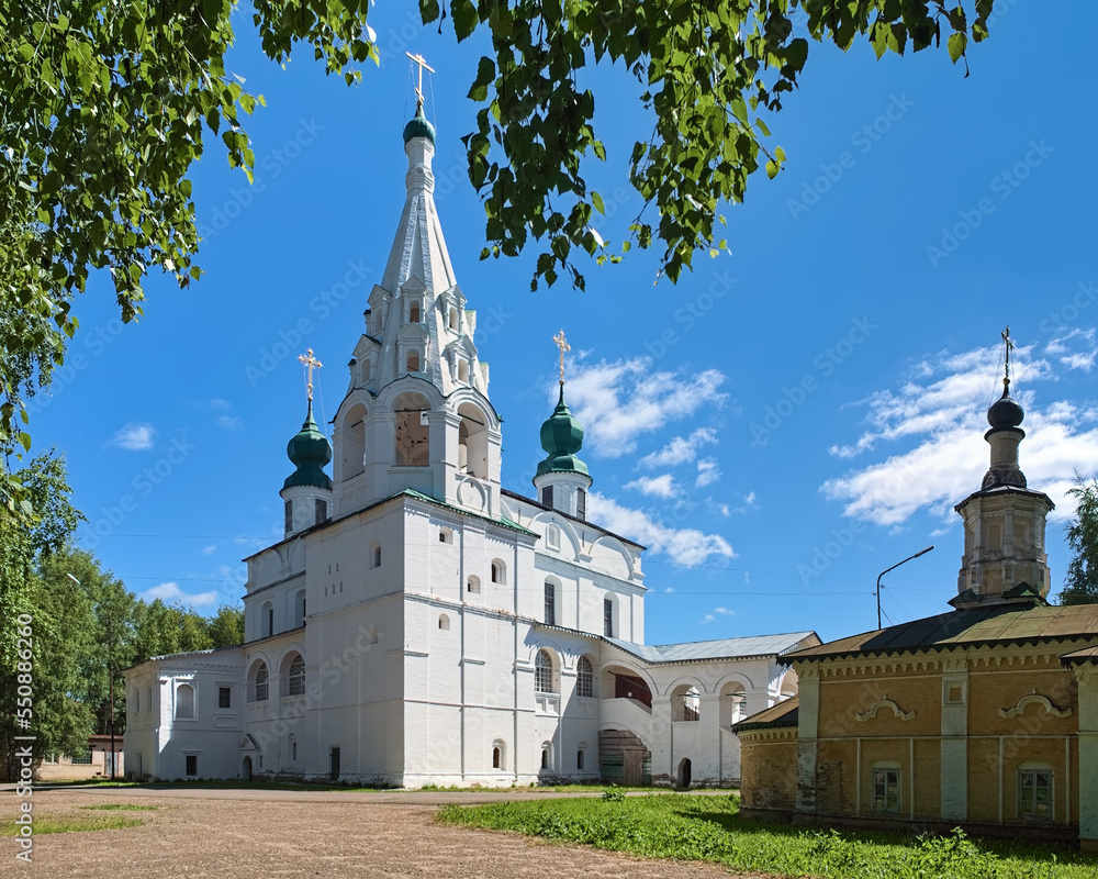Veliky Ustyug, Russia. View of Archangel Michael Cathedral from belfry side, and small Church of Mid-Pentecost. The cathedral was built in 1653-1656. The church was built in 1710.