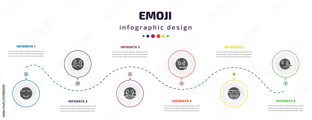 Naklejka premium emoji infographic element with filled icons and 6 step or option. emoji icons such as calm emoji, cry laugh -mouth nerd liar vector. can be used for banner, info graph, web.