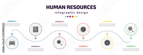 human resources infographic element with filled icons and 6 step or option. human resources icons such as chess clock, personal profile, searching, time, timing, hiring vector. can be used for