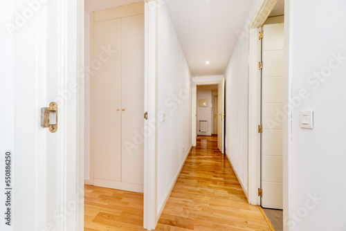 Housing distributor corridor with French oak parquet flooring and white lacquered doors, cabinets and skirting boards