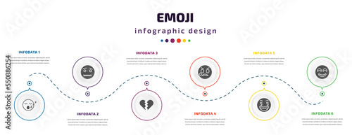 emoji infographic element with filled icons and 6 step or option. emoji icons such as sleep emoji, quiet broken heart disappointed rich drool vector. can be used for banner, info graph, web.