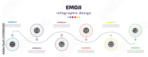 emoji infographic element with filled icons and 6 step or option. emoji icons such as calm emoji, cry laugh -mouth nerd liar vector. can be used for banner, info graph, web.