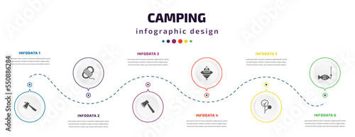 camping infographic element with filled icons and 6 step or option. camping icons such as axe, rope, hatchet, explorer hat, tree, fishing vector. can be used for banner, info graph, web.