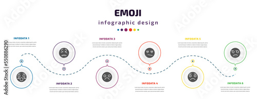 emoji infographic element with filled icons and 6 step or option. emoji icons such as hushed emoji, disgusted sad bored slightly frowning suspect vector. can be used for banner, info graph, web.