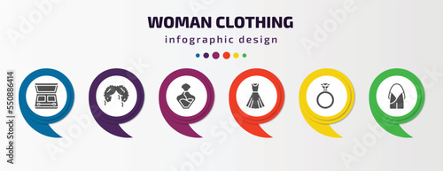 woman clothing infographic element with filled icons and 6 step or option. woman clothing icons such as eyes shades makeup, curling hair, perfume, vintage dress, diamond ring, hobo shoulder bag