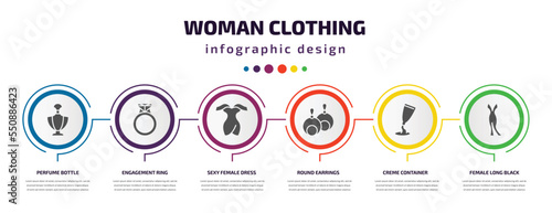 woman clothing infographic element with filled icons and 6 step or option. woman clothing icons such as perfume bottle, engagement ring, sexy female dress, round earrings, creme container black,