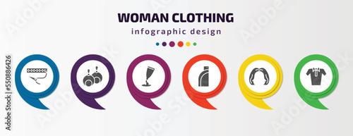 woman clothing infographic element with filled icons and 6 step or option. woman clothing icons such as clothing stitches, round earrings, creme container black, pocket, shoulder length, polo shirt