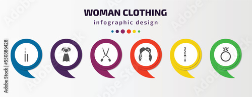 woman clothing infographic element with filled icons and 6 step or option. woman clothing icons such as eyeliner pencils, lace dress with belt, childish eyeglasses, female long black hair, zip,