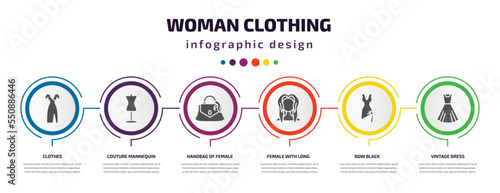 woman clothing infographic element with filled icons and 6 step or option. woman clothing icons such as clothes, couture mannequin, handbag of female, female with long hair, bow black, vintage dress