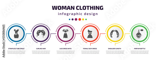woman clothing infographic element with filled icons and 6 step or option. woman clothing icons such as strapless tube dress, curling hair, lace dress with belt, female sexy dress, shoulder length,