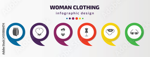 woman clothing infographic element with filled icons and 6 step or option. woman clothing icons such as skirt black short, necklace, bikini, couture mannequin, handbag elegant, glasses for eyes