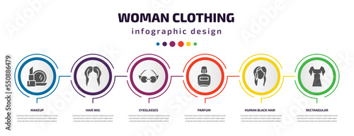 woman clothing infographic element with filled icons and 6 step or option. woman clothing icons such as makeup, hair wig, eyeglasses, parfum, human black hair, rectangular vector. can be used for