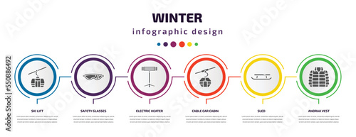 winter infographic element with filled icons and 6 step or option. winter icons such as ski lift, safety glasses, electric heater, cable car cabin, sled, anorak vest vector. can be used for banner,