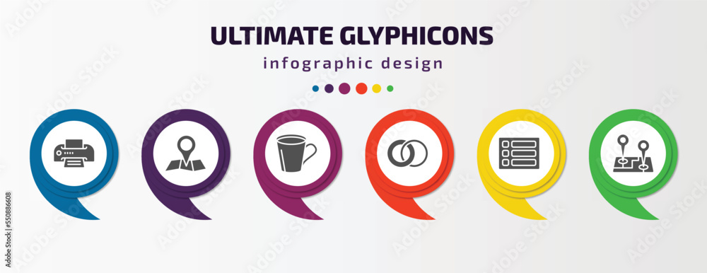 ultimate glyphicons infographic element with filled icons and 6 step or option. ultimate glyphicons icons such as printer with paper, big map placeholder, big cup, two circles, menu bars, map ultimate glyphicons infographic element with filled icons and 6 step or option. ultimate glyphicons icons such as printer with paper, big map placeholder, big cup, two circles, menu bars, map