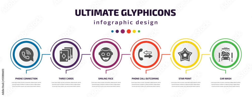 ultimate glyphicons infographic element with filled icons and 6 step or option. ultimate glyphicons icons such as phone connection, three cards, smiling face, phone call outcoming, star point, car ultimate glyphicons infographic element with filled icons and 6 step or option. ultimate glyphicons icons such as phone connection, three cards, smiling face, phone call outcoming, star point, car